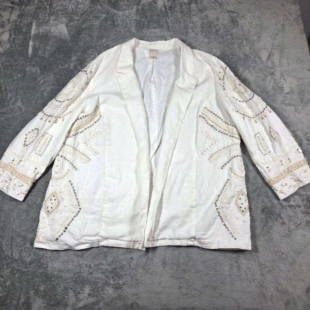 Chicos Blazer XXL White Linen Embellished Beaded Sequin Beachy Boho Jacket